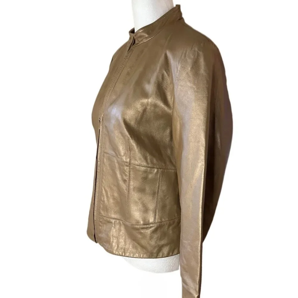 Yvonne Le Marie Gold Metallic Soft Lamb Leather Lined Jacket 3/4 Zip Size 6 - Picture 6 of 12